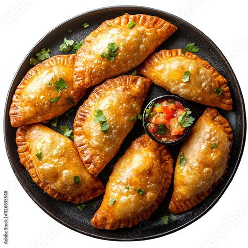 Top view of spicy chicken empanadas on a dark platter isolated on a white transparent background