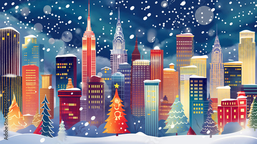 Festive Winter Cityscape Illustration with Christmas Lights, Decorated Trees, Snowy Streets, and Holiday Cheer – Vibrant and Cozy Holiday Art for Seasonal Themes