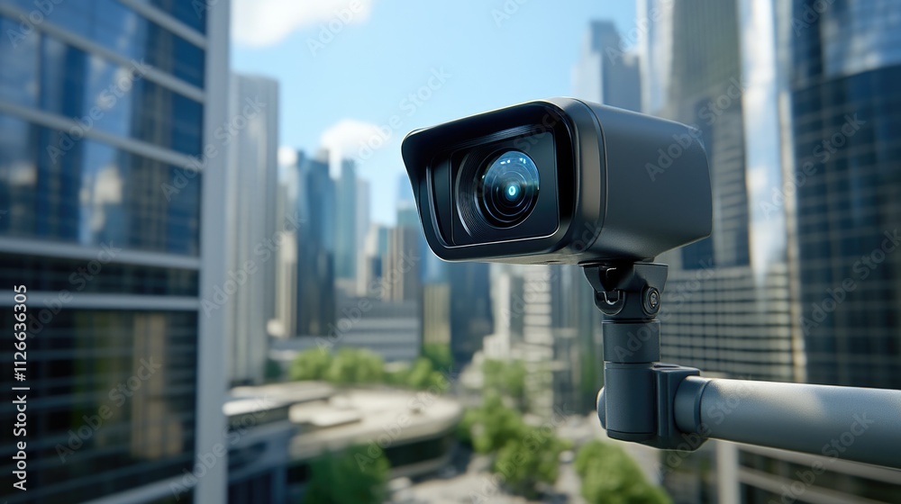 Close-up View of CCTV Camera Overlooking Urban Landscape Close-up View of CCTV Camera Overlooking Urban Landscape