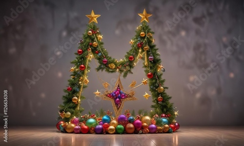 A beautifully decorated star-shaped Christmas tree with colorful ornaments and garlands, lively ambiance, festive decoration photo