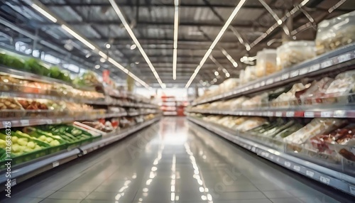 Blurred Bokeh Background of a Modern Supermarket  A Soft Focus Image Capturing the Vibrant Atmosphere of Retail Shopping  Perfect for Design Projects and Commercial Use