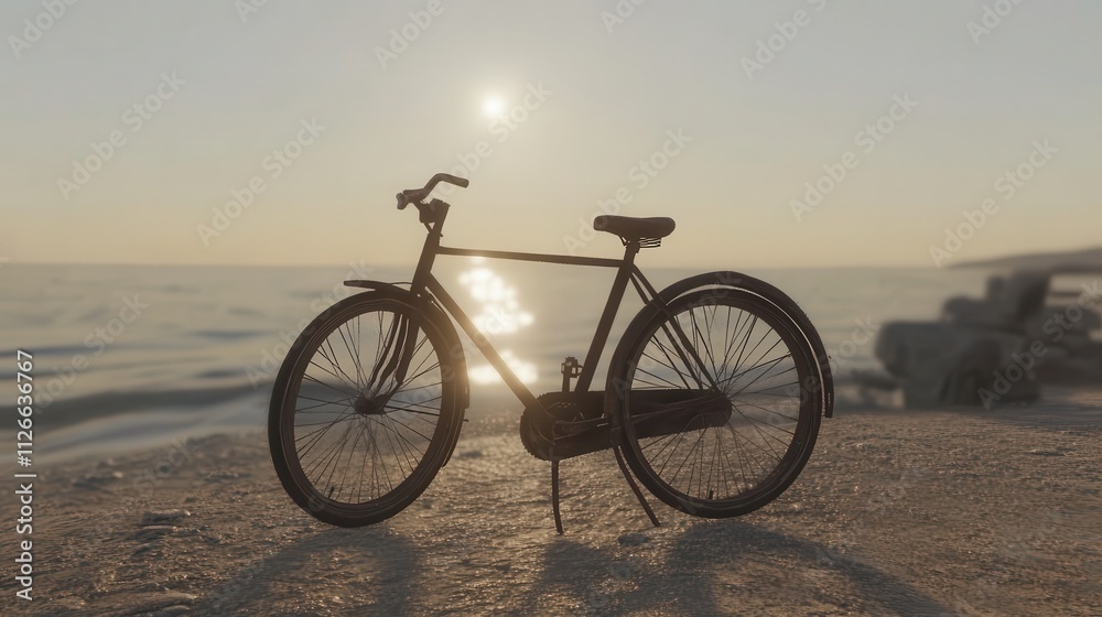 A bicycle silhouetted against a sunset by the sea, symbolizing leisure and exploration. A bicycle silhouetted against a sunset by the sea, symbolizing leisure and exploration.