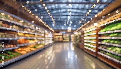 Blurred Bokeh Background of a Modern Supermarket: A Soft Focus Image Capturing the Vibrant Atmosphere of Retail Shopping Spaces with Colorful Products and Shelves