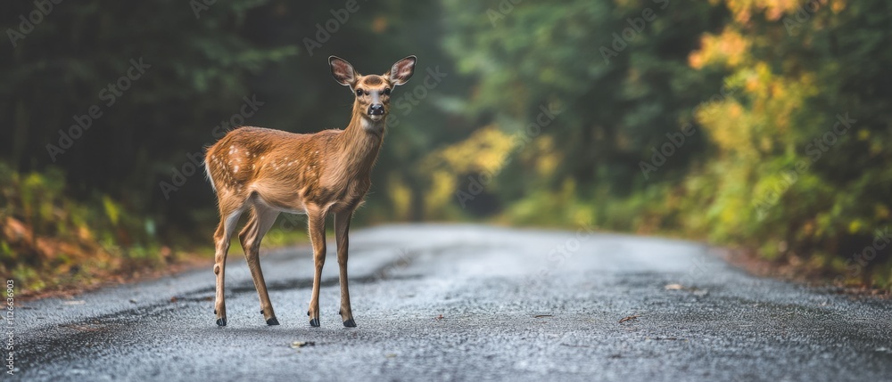 Fototapeta premium young deer standing on a quiet road in a forest