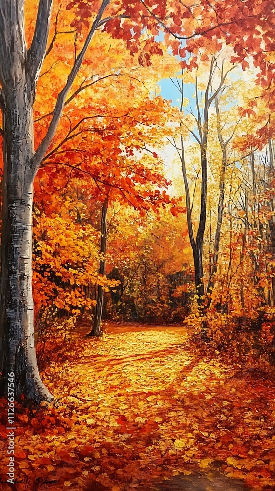 Naklejka premium A serene autumn pathway surrounded by vibrant orange and yellow foliage.