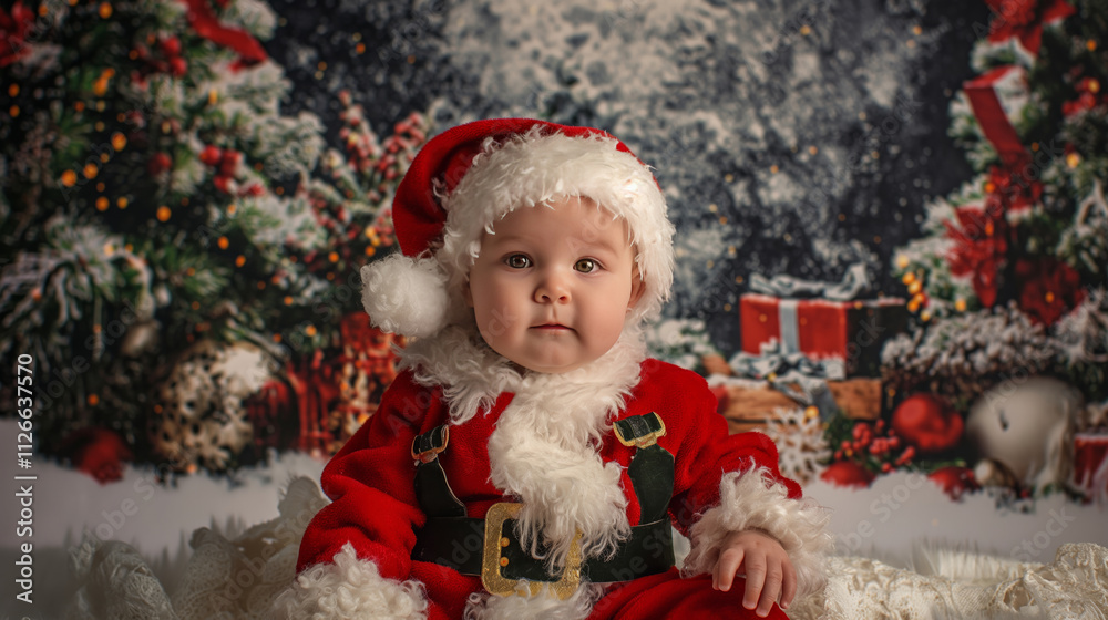 Adorable Baby in Festive Christmas Costume of Santa Claus, with Winter Decor Background - Cute and Creative Photography for Christmas Celebrations and Seasonal Themes Adorable Baby in Festive Christmas Costume of Santa Claus, with Winter Decor Background - Cute and Creative Photography for Christmas Celebrations and Seasonal Themes