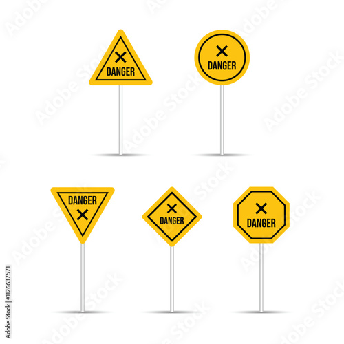 Realistic yellow danger road signs are isolated on a white background. Multiple shaped highway billboard design. Danger sign and icon collection. Five different shapes of cross icons.