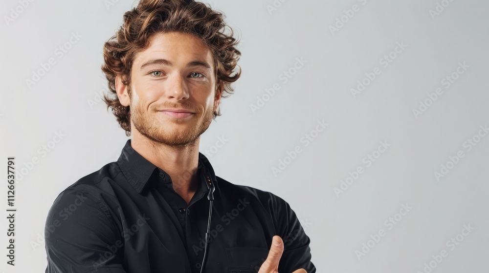A friendly customer care representative offering a solution to a customer, isolated on a white background A friendly customer care representative offering a solution to a customer, isolated on a white background
