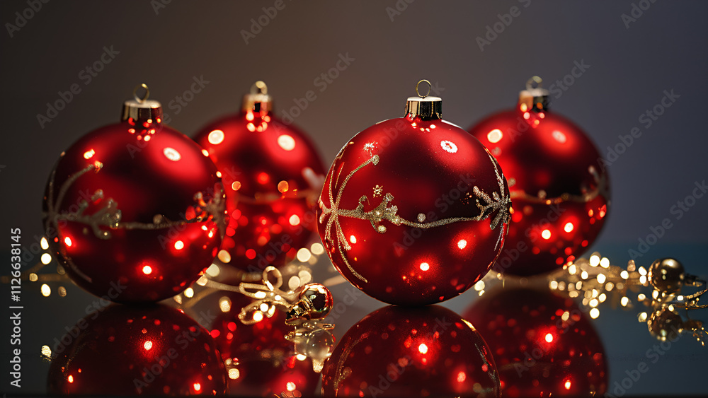 red christmas balls on a table with reflections red christmas balls on a table with reflections