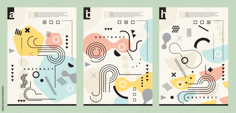 Set of abstract covers and backgrounds with geometric design elements and shapes. Contemporary graphic design concept. Document layout vector illustration. Set of abstract covers and backgrounds with geometric design elements and shapes. Contemporary graphic design concept. Document layout vector illustration.