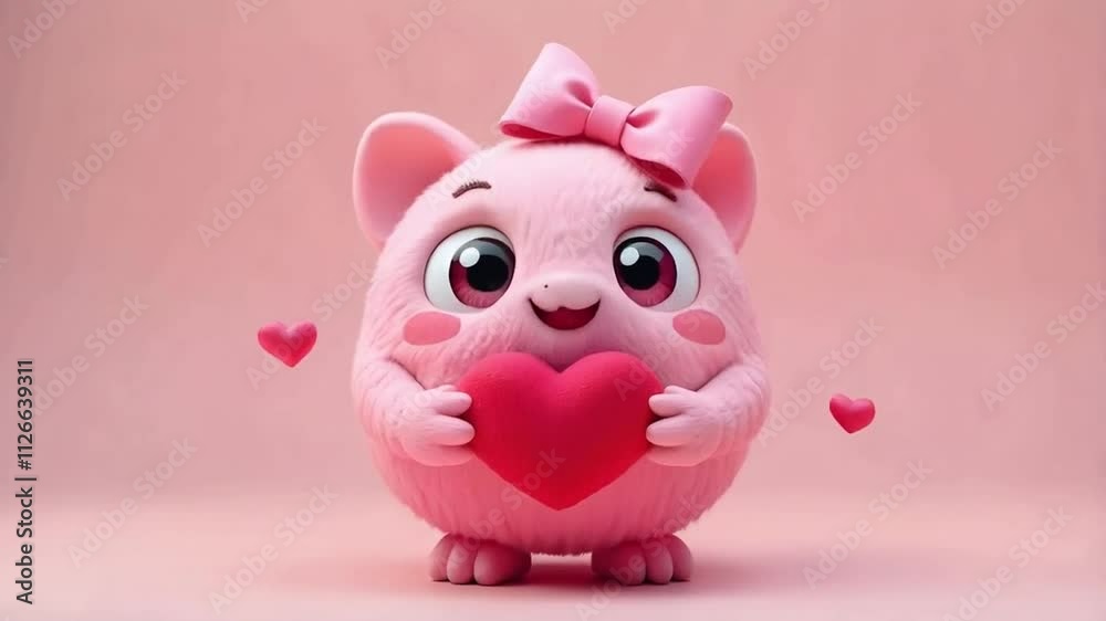 Playful pink love bug with soft fur and heart, celebrating Valentine’s romance
