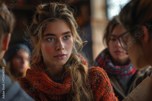 Young woman in cozy knit sweater surrounded by friends in a warm, rustic cafÃ© setting, exhibiting thoughtful expression and engaging conversation