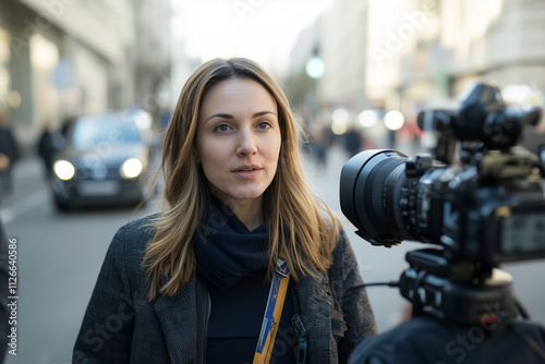 woman journalist is being filmed on city street, speaking confidently into camera with blurred urban traffic in background photo