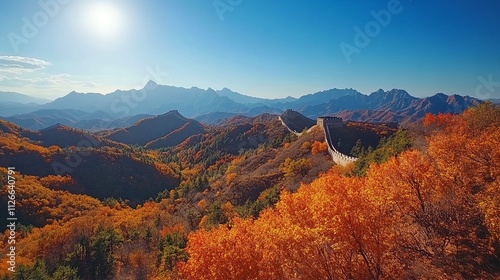 the great wall of china is surrounded by mountains and trees in autumn.