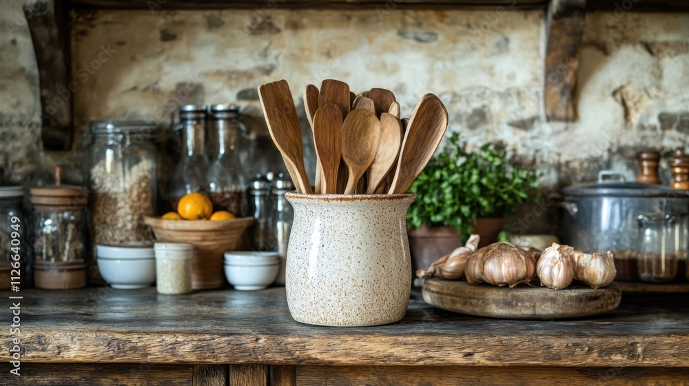 Kitchen cooking essentials wooden utensils and ingredients showcase in rustic home setting Kitchen cooking essentials wooden utensils and ingredients showcase in rustic home setting