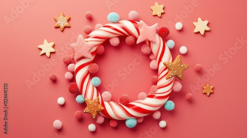 Whimsical Cartoon Style Wreath Designed with Colorful Candy Canes and Festive Sweets for a Cheerful Holiday Atmosphere