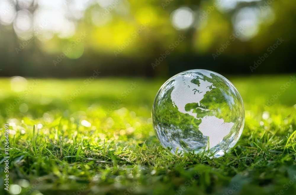 A Clear Glass Globe Resting on Lush Green Grass Under Bright Natural Light, Symbolizing Environmental Awareness, Sustainability, and Global Unity in Nature A Clear Glass Globe Resting on Lush Green Grass Under Bright Natural Light, Symbolizing Environmental Awareness, Sustainability, and Global Unity in Nature