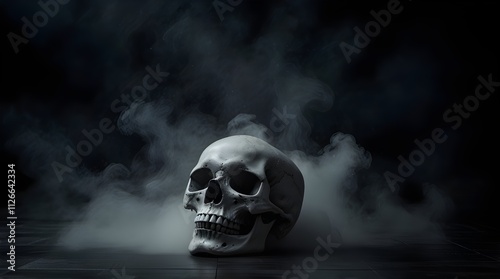 Skull Fog In Dark Halloween Background.generative.ai 