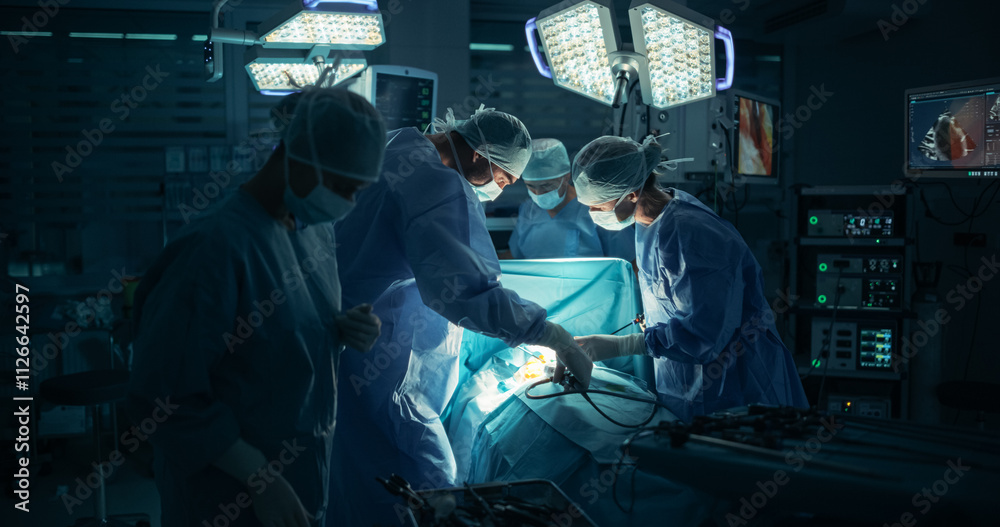 Medical Team Performing a Complex Surgery on a Patient, Using Specialized Tools, Looking at Digital Screens with Health Information. Doctors with a Female Surgeon in the Lead Saving Patient's Life Medical Team Performing a Complex Surgery on a Patient, Using Specialized Tools, Looking at Digital Screens with Health Information. Doctors with a Female Surgeon in the Lead Saving Patient's Life