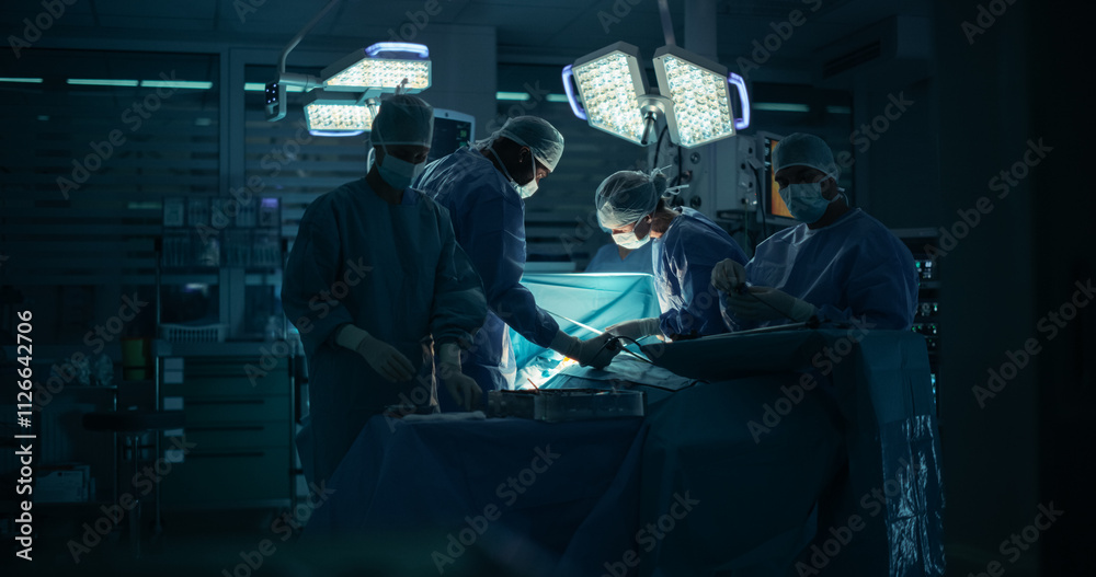 Diverse Surgical Team Working in a Darkened Operating Room Surrounded by Advanced Medical Equipment. Doctors Performing a Complex Surgery with the Help of Laparoscopic Equipment