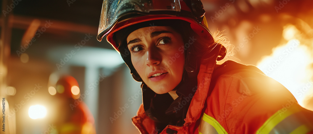 focused female firefighter in protective gear works in fire station with flames in background, showcasing bravery and determination in high pressure environment focused female firefighter in protective gear works in fire station with flames in background, showcasing bravery and determination in high pressure environment