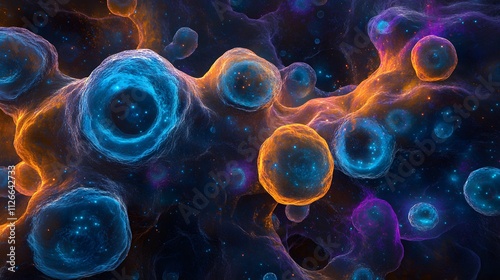 Virus cells under the microscope glow like bioluminescent organisms, their intricate textures shifting into surreal, organic forms.