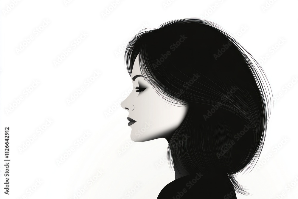 Silhouette of a female profile rendered in black and white, showcasing a minimalist design. The smooth lines and lack of details emphasize elegance and simplicity in form Silhouette of a female profile rendered in black and white, showcasing a minimalist design. The smooth lines and lack of details emphasize elegance and simplicity in form
