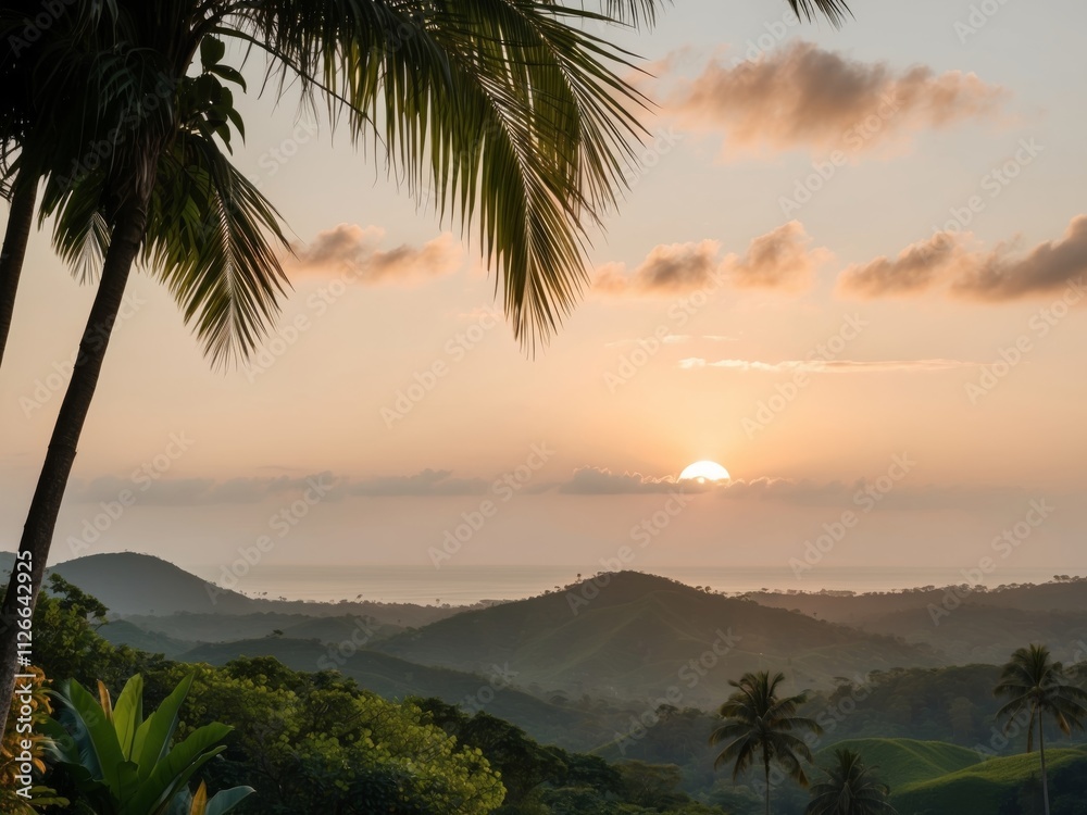 Breathtaking Tropical Sunset Over Lush Greenery with Golden Rays Illuminating the Horizon in a Serene Landscape. Breathtaking Tropical Sunset Over Lush Greenery with Golden Rays Illuminating the Horizon in a Serene Landscape.