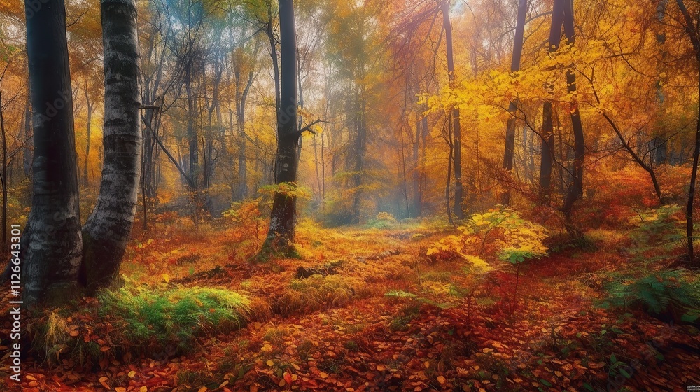 Autumnal Forest Scene With Golden Leaves And Sunlight Autumnal Forest Scene With Golden Leaves And Sunlight