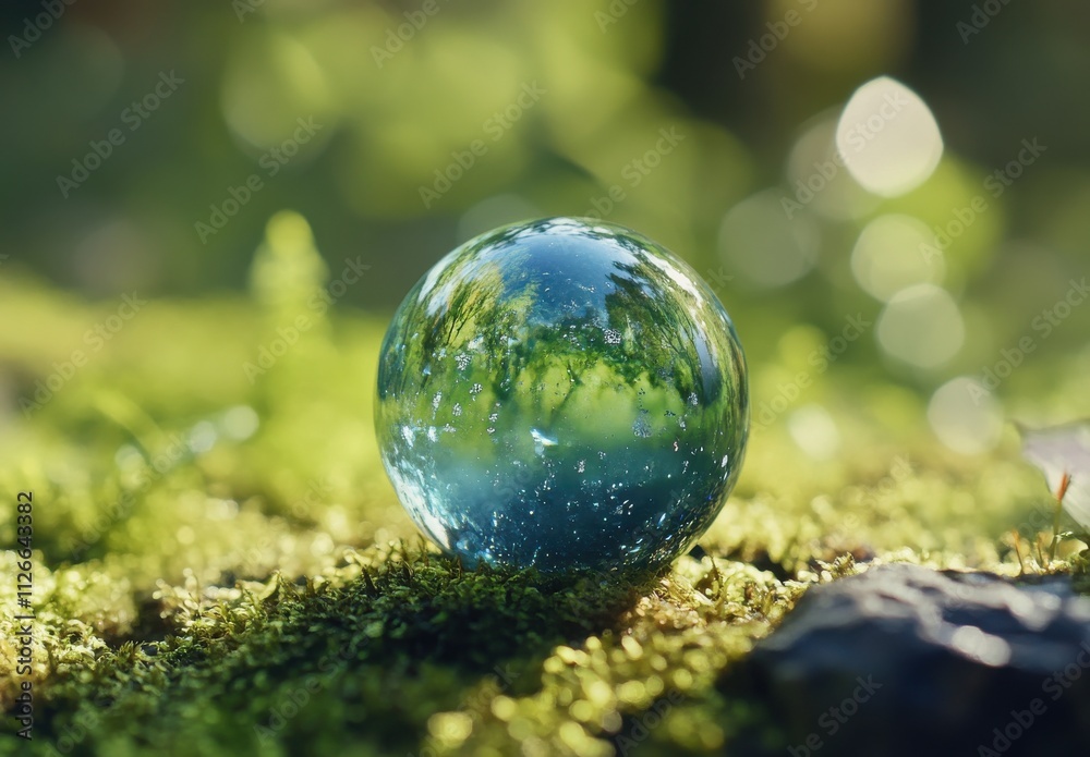 A Crystal Sphere Reflecting Nature's Greenery on Lush Moss in a Sunlit Forest, Capturing the Beauty of Light and Reflection in a Tranquil Environment A Crystal Sphere Reflecting Nature's Greenery on Lush Moss in a Sunlit Forest, Capturing the Beauty of Light and Reflection in a Tranquil Environment