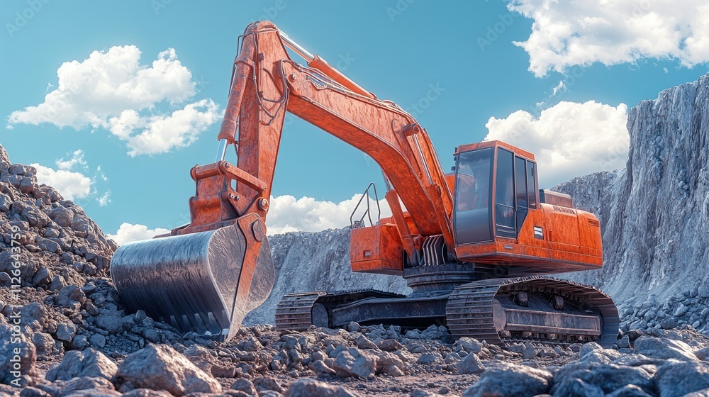 Orange excavator digging rocks in quarry. (1) Orange excavator digging rocks in quarry. (1)