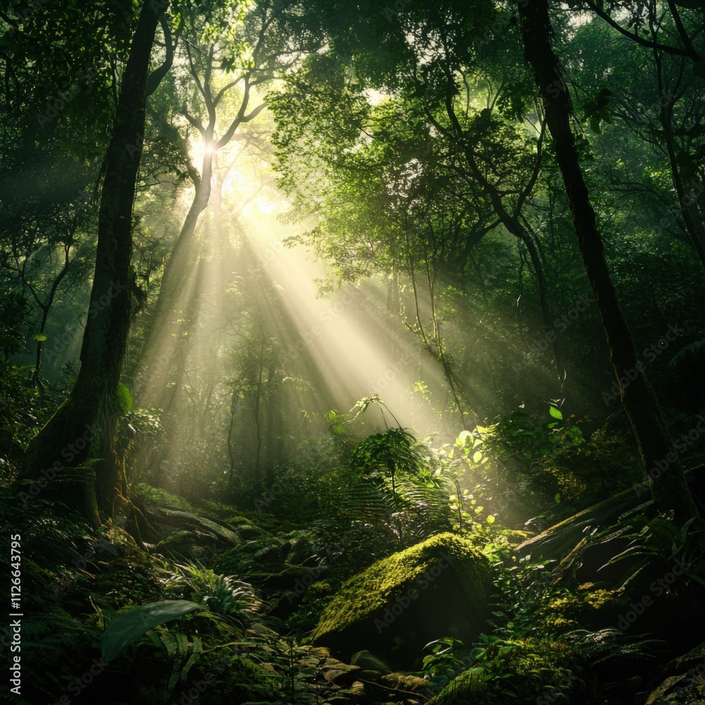 Obraz premium sunlight streaming through a lush green forest