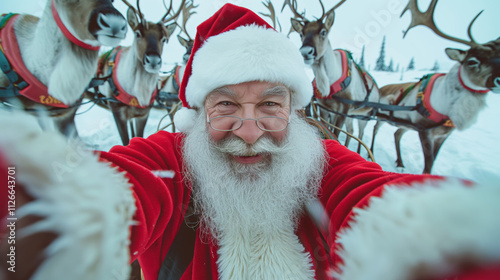 Santa Claus in red suit and his reindeers, making selfie photo. Real Santa Claus in Lapland, Finland. Beautiful white winter scenery.  photo