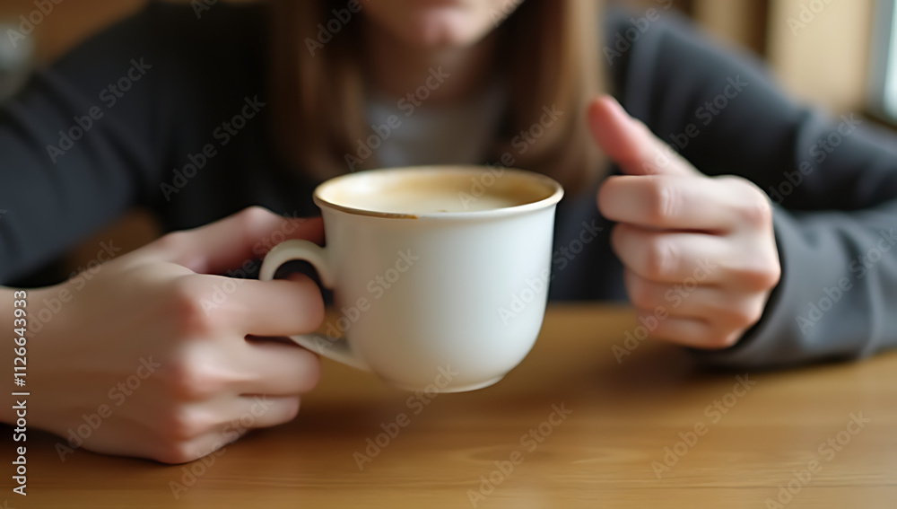 A person is sipping a hot coffee from a white cup on a wooden table in the morning atmosphere._00001_ A person is sipping a hot coffee from a white cup on a wooden table in the morning atmosphere._00001_