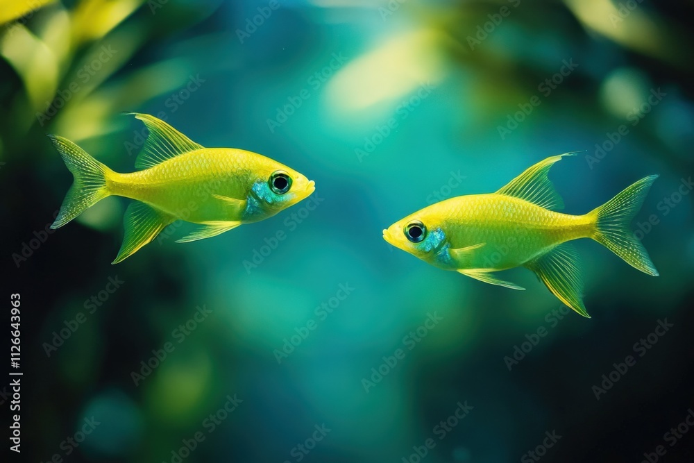 Naklejka premium two vibrant yellow fish swimming in clear water