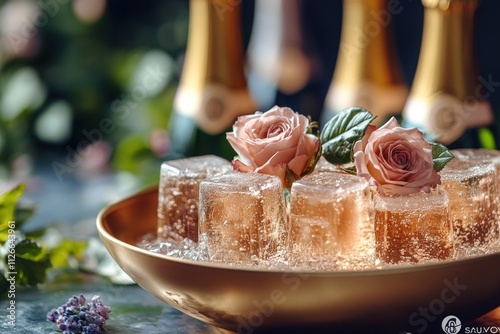 Delicate roses are frozen inside clear ice cubes, arranged elegantly in a golden bowl, adding beauty to the festive setting with sparkling beverages nearby