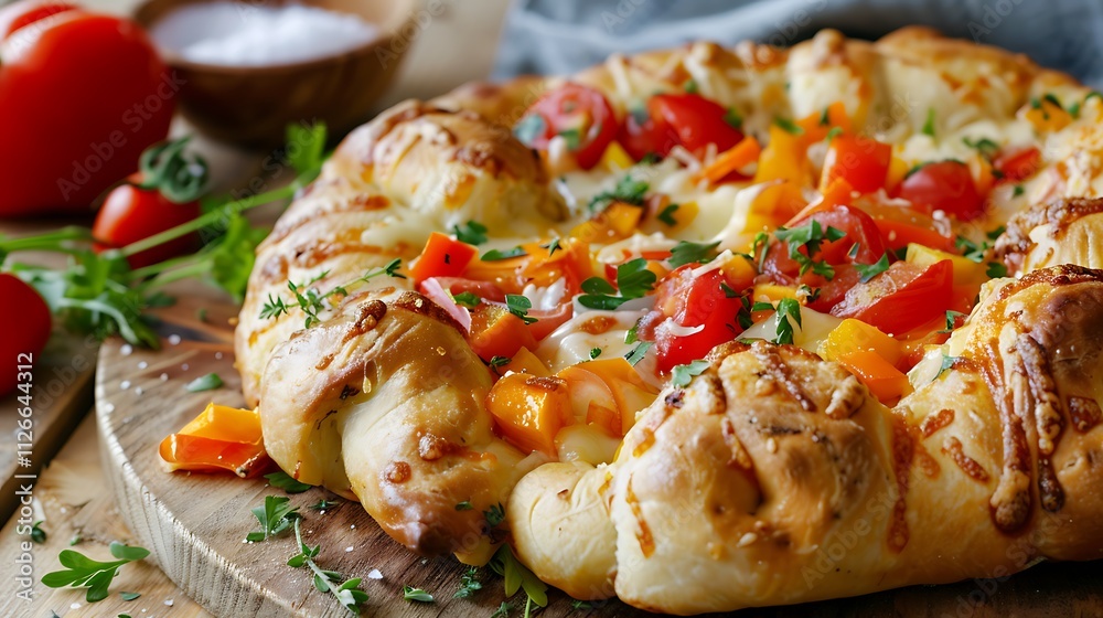 Puffed dough filled with melted cheese and topped with current fruit and vegetables Puffed dough filled with melted cheese and topped with current fruit and vegetables