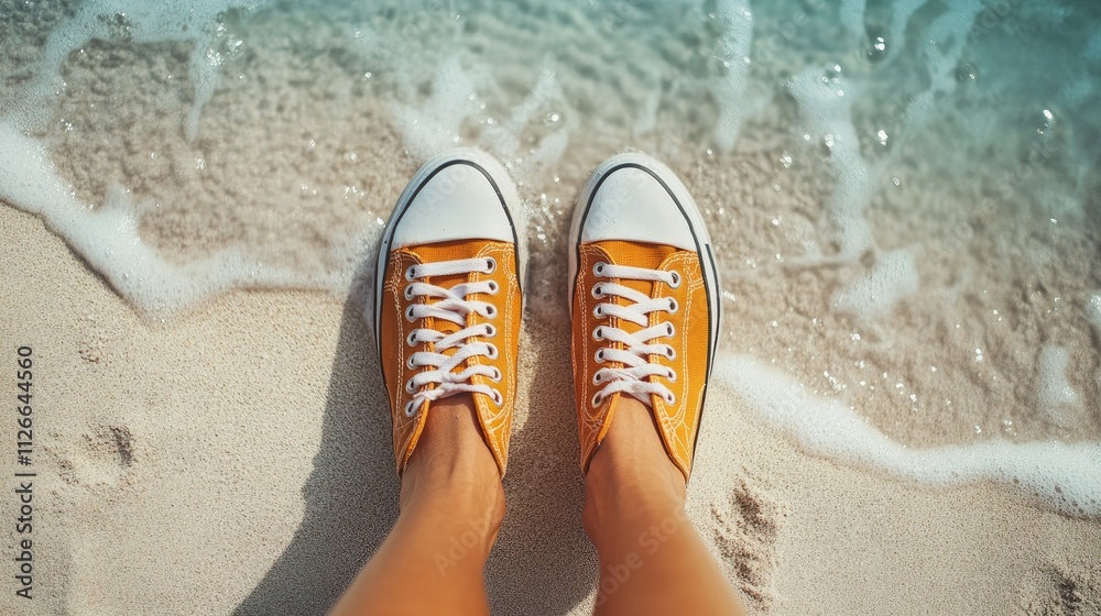 Naklejka premium Yellow canvas shoes on sandy beach with waves.