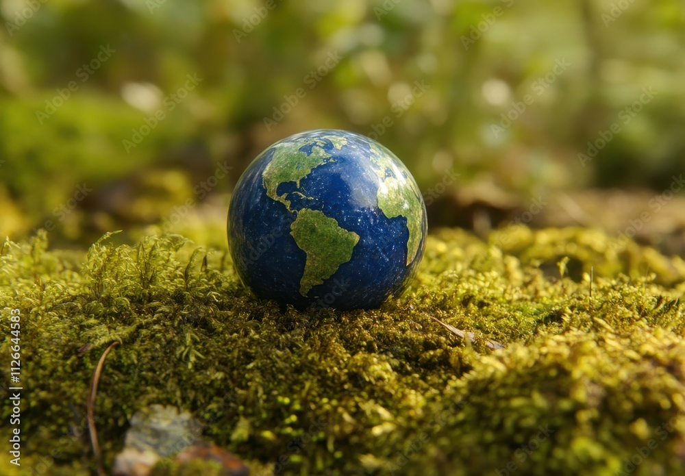 A small globe featuring the continents of North America, South America, and Europe resting gently on a bed of vibrant green moss in a serene natural environment A small globe featuring the continents of North America, South America, and Europe resting gently on a bed of vibrant green moss in a serene natural environment