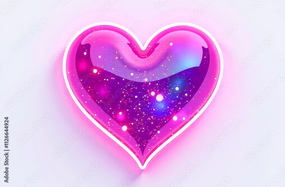 Volumetric transparent neon heart with glitter inside, white background