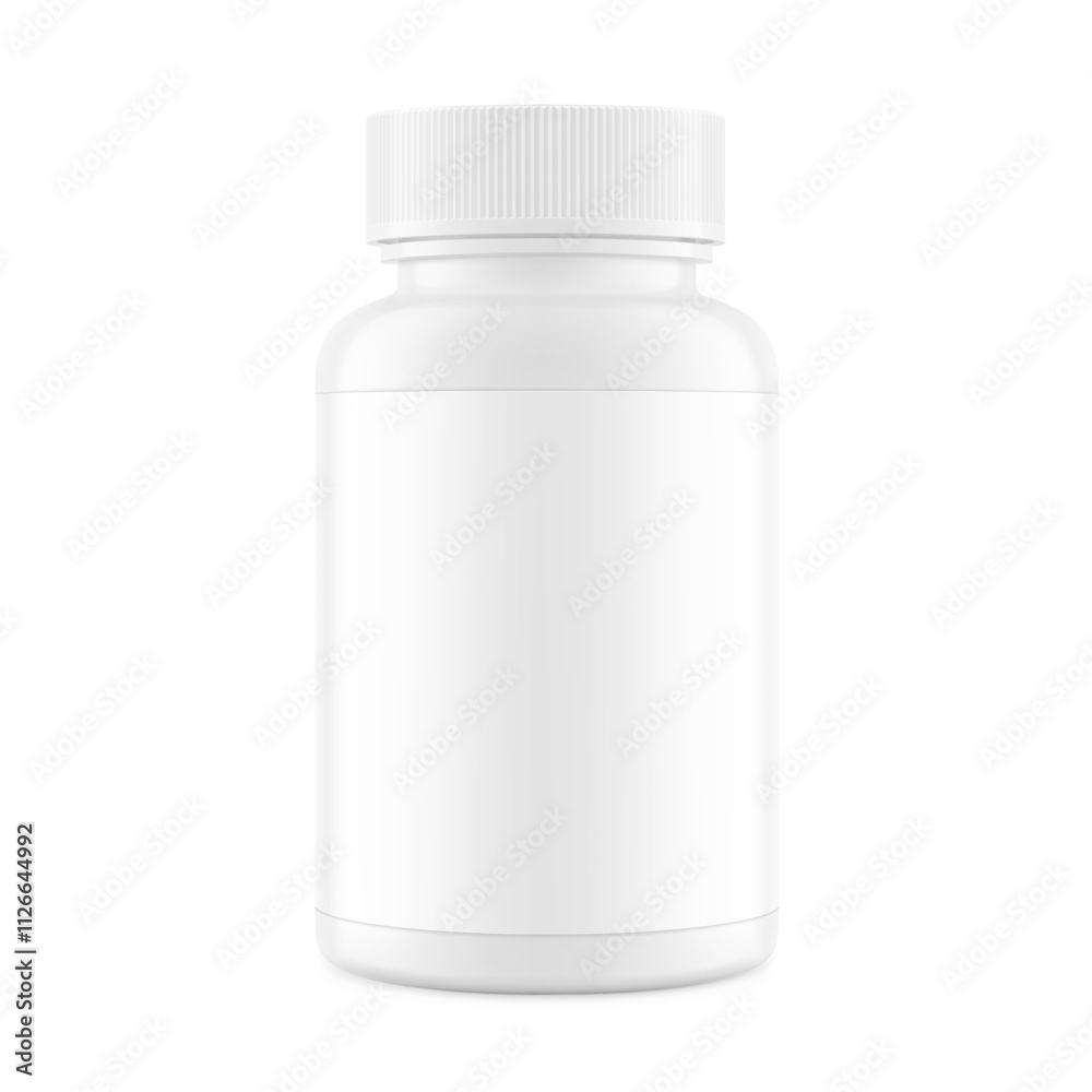 Plastic packer pill bottle mockup with child resistant cap and label for treats, vitamins, supplements isolated on white background. Vector illustration. ready for your design. EPS10. Plastic packer pill bottle mockup with child resistant cap and label for treats, vitamins, supplements isolated on white background. Vector illustration. ready for your design. EPS10.