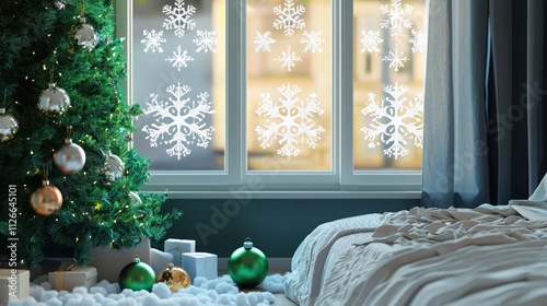 An elegant bedroom scene with sparkling snowflake decals on windows, a lush green Christmas tree, and cheerful ornaments scattered around. photo