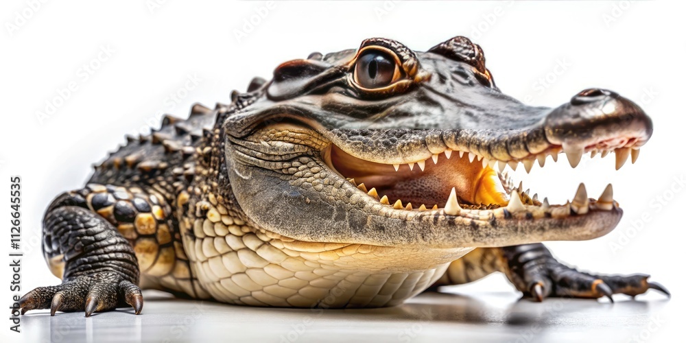 Fototapeta premium Alligator on Isolated White Background - Captivating Documentary Shot of a Reptile, Wildlife Photography, Nature, Isolated Subjects, Animal Portraiture, Alligator Species, Close-Up, Textures, Detail