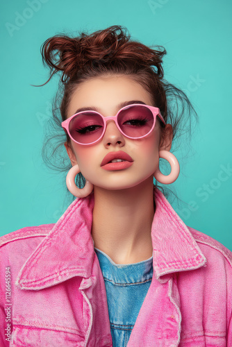 Confident girl, young woman in 90s fashion with trendy makeup and hair style on colored background with copy space