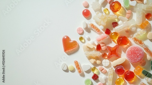 Vibrant Collection of Colorful Gummies, Chewy Candies, and Soft Tablets Arranged Aesthetically on White Background for Health and Wellness Concepts
