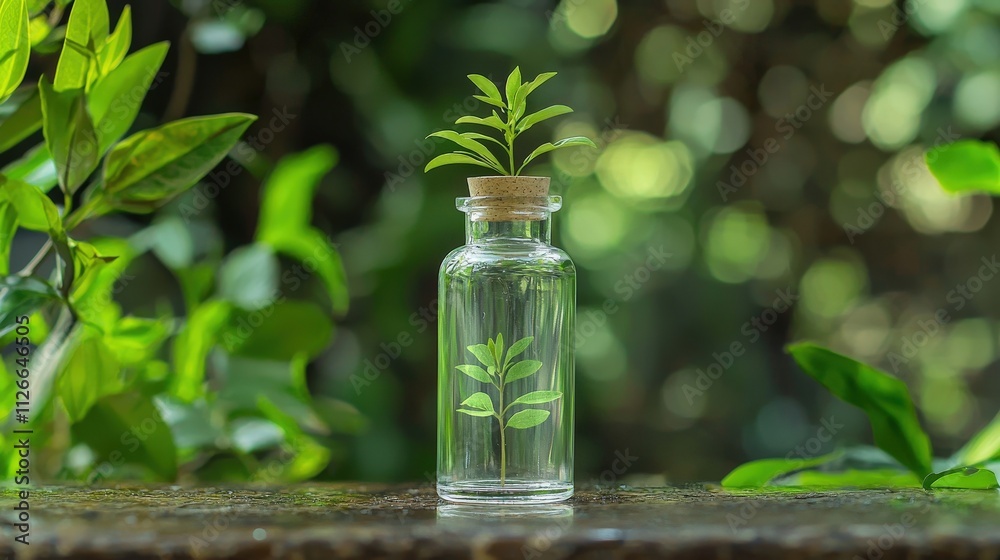 Aesthetic Glass Bottle with Fresh Green Leaves on a Natural Background, Symbolizing Growth, Nature, and Eco-Friendly Lifestyle in a Vibrant Setting Aesthetic Glass Bottle with Fresh Green Leaves on a Natural Background, Symbolizing Growth, Nature, and Eco-Friendly Lifestyle in a Vibrant Setting