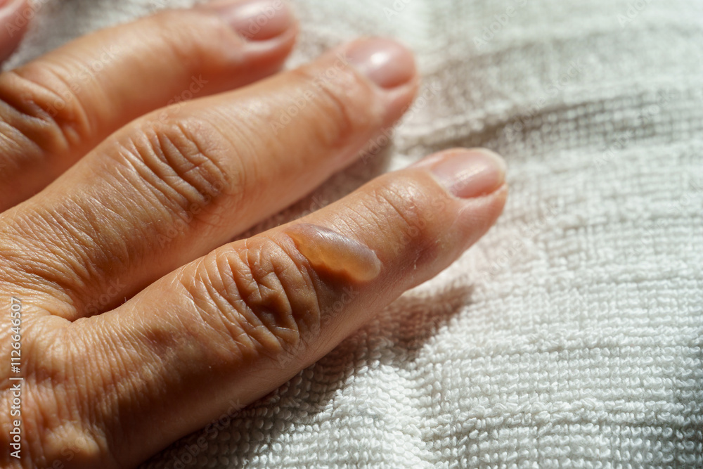 Fototapeta premium Blister on finger from thermal burn with boiling water. Hand of senior woman with second degree burns on the finger. Home accident, careless behavior with boiling tea.