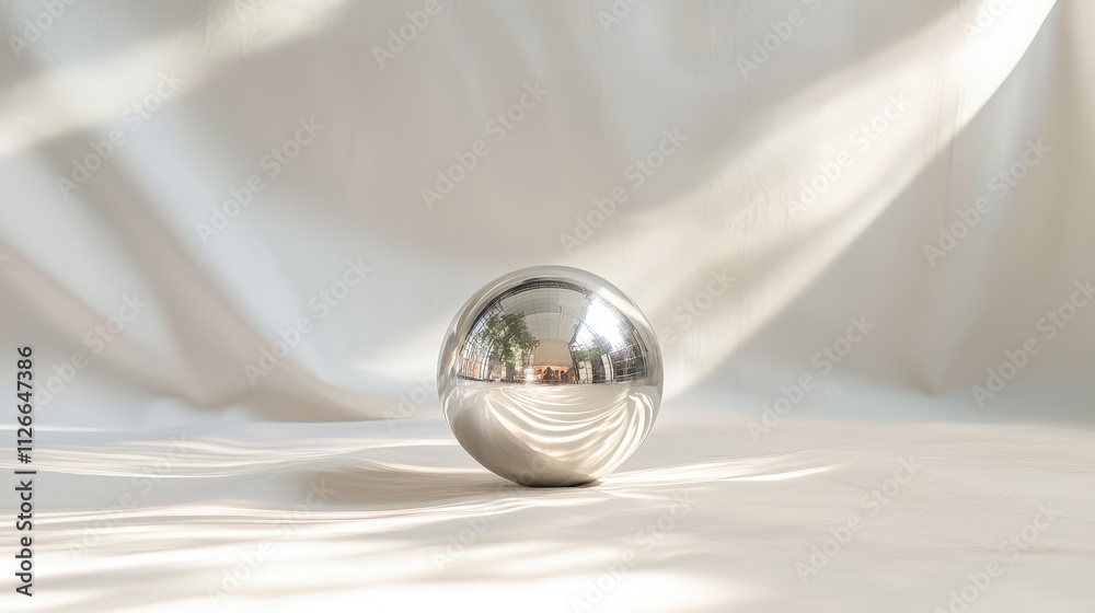 Reflective Metallic Sphere on Soft Cream Background Capturing Light and Shadows, Creating a Calming and Minimalist Aesthetic in Interior Decor Reflective Metallic Sphere on Soft Cream Background Capturing Light and Shadows, Creating a Calming and Minimalist Aesthetic in Interior Decor