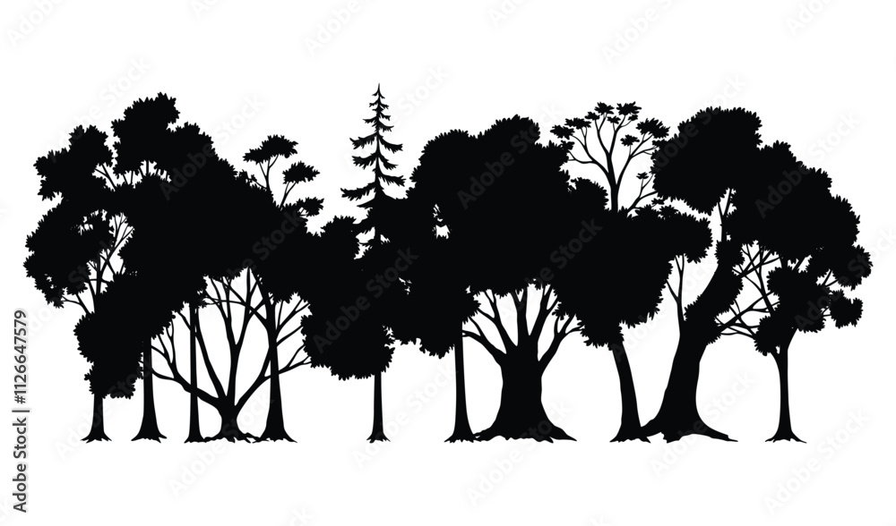 Fototapeta premium Trees silhouettes. Forest and park pines firs and spruces, coniferous and deciduous trees. Vector isolated retro images nature set
