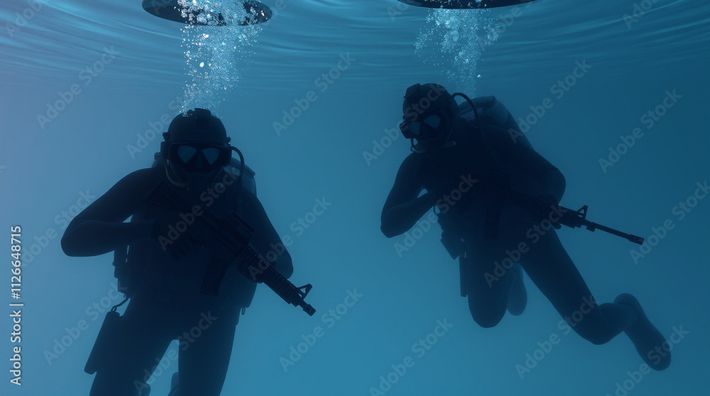 Front view of three special forces in black wet suits and Helmets Diving with Firearms underwater. Front view of three special forces in black wet suits and Helmets Diving with Firearms underwater.
